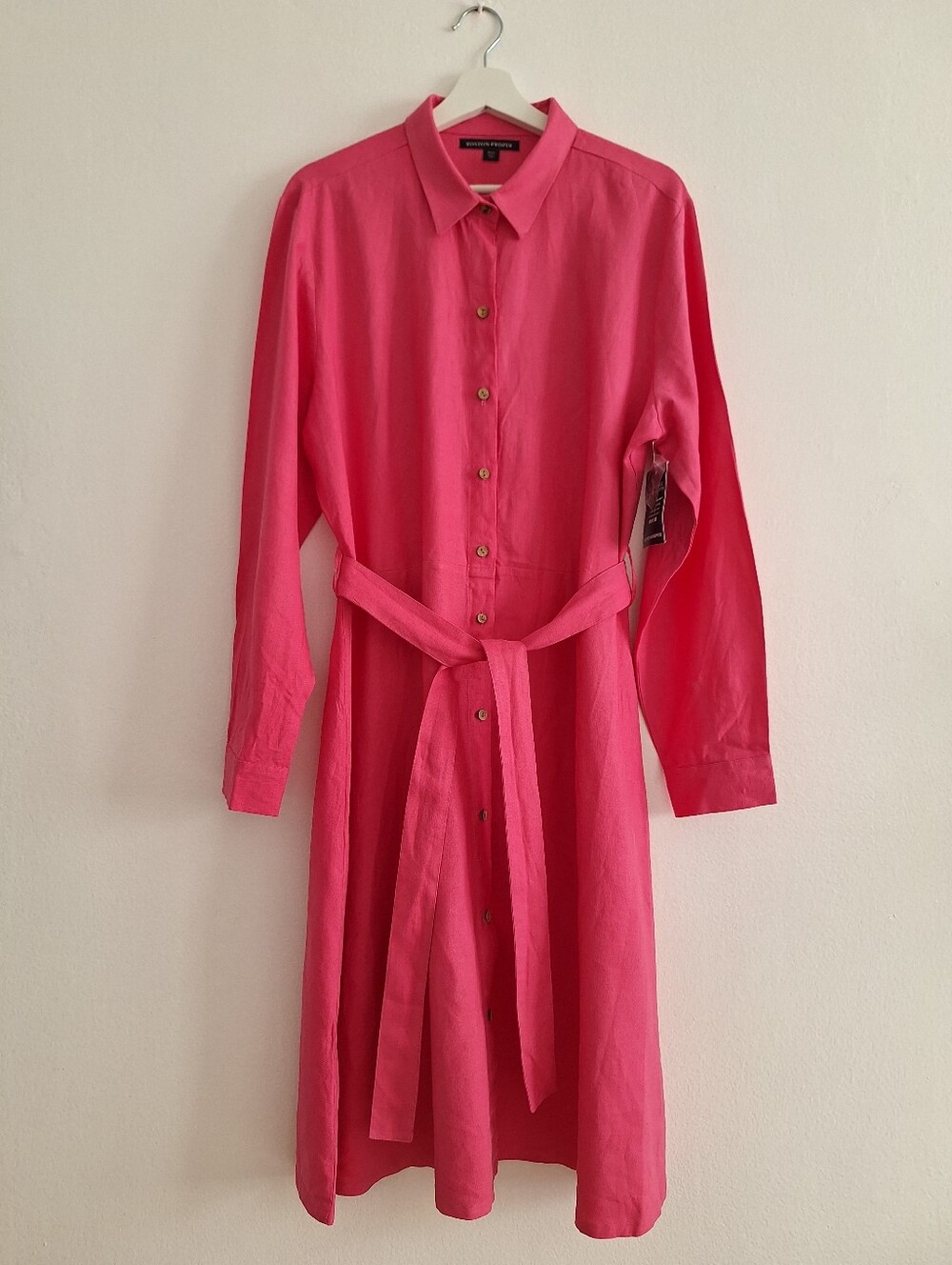 NWT Boston Proper Hot Pink Button-Front Long Sleeve Shirt Dress with Waist Tie